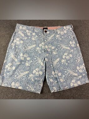 J Crew Mens 100% Cotton Flat Front All Over Print Shorts Size 35 Blue/White